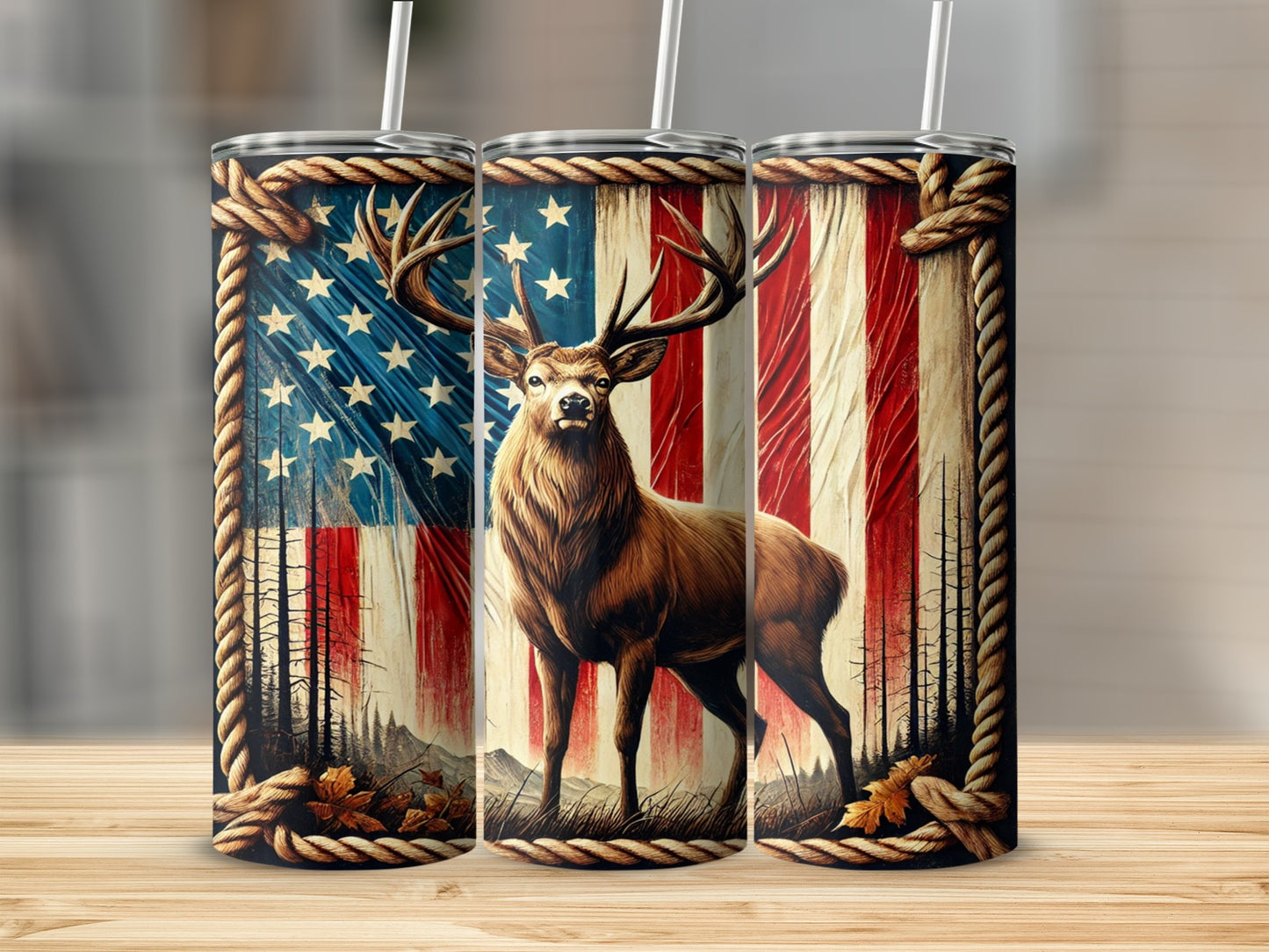 American Flag and Deer Art Insulated Tumbler
