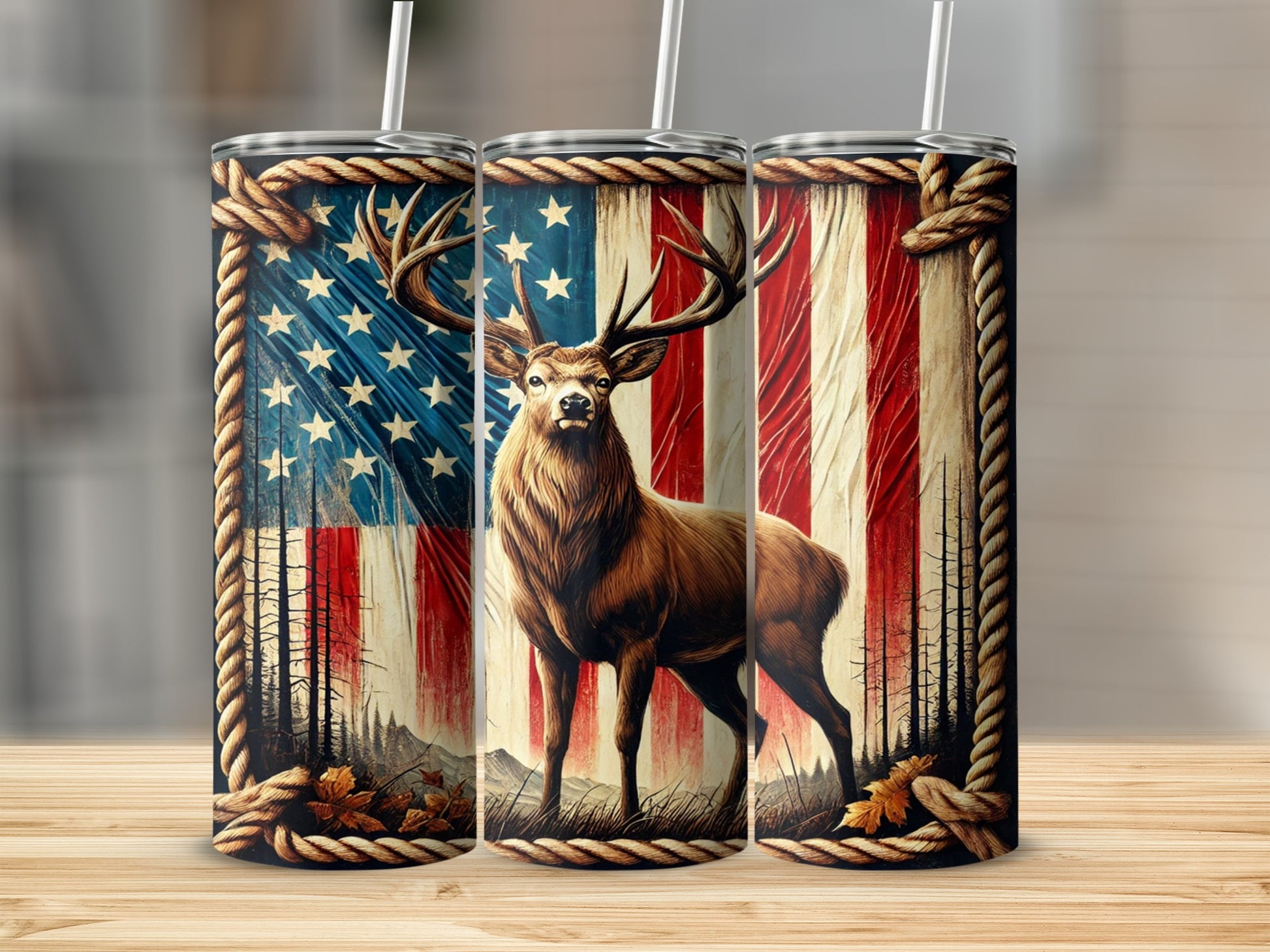American Flag and Deer Art Insulated Tumbler