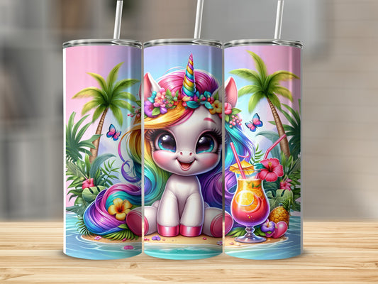 Unicorn with rainbow mane, tropical beach, and cocktail.