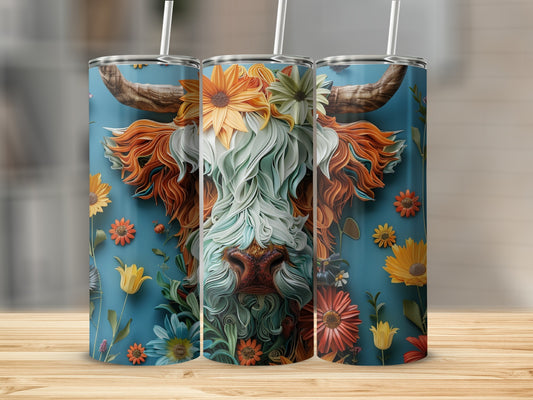 Cow head with floral mane and horns, surrounded by colorful flowers.