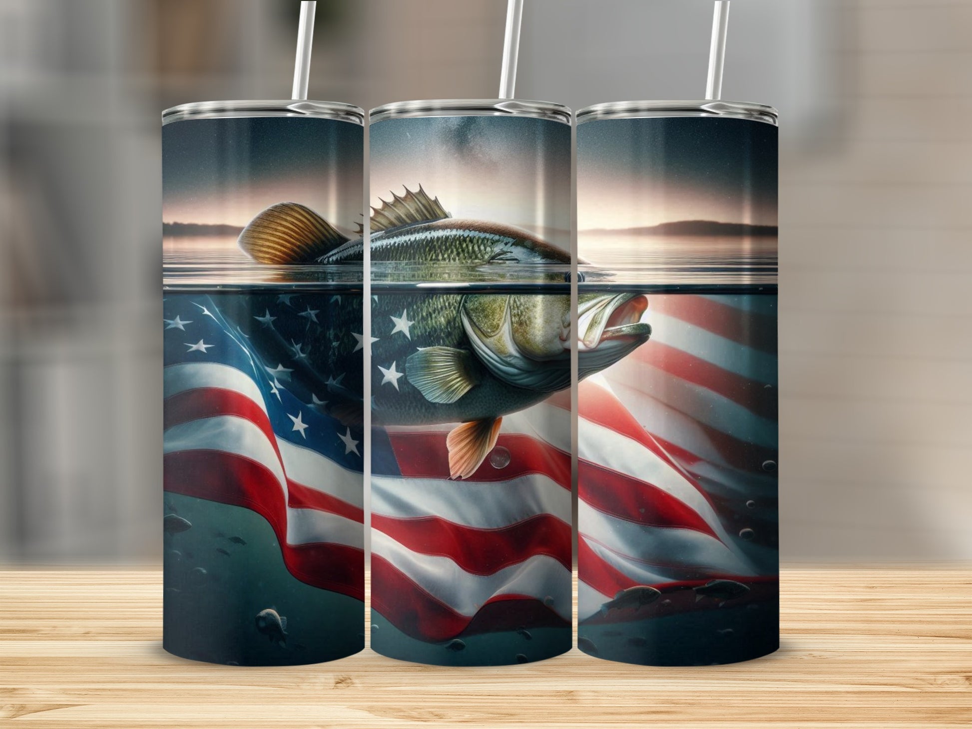 Largemouth bass emerging from water with American flag design.