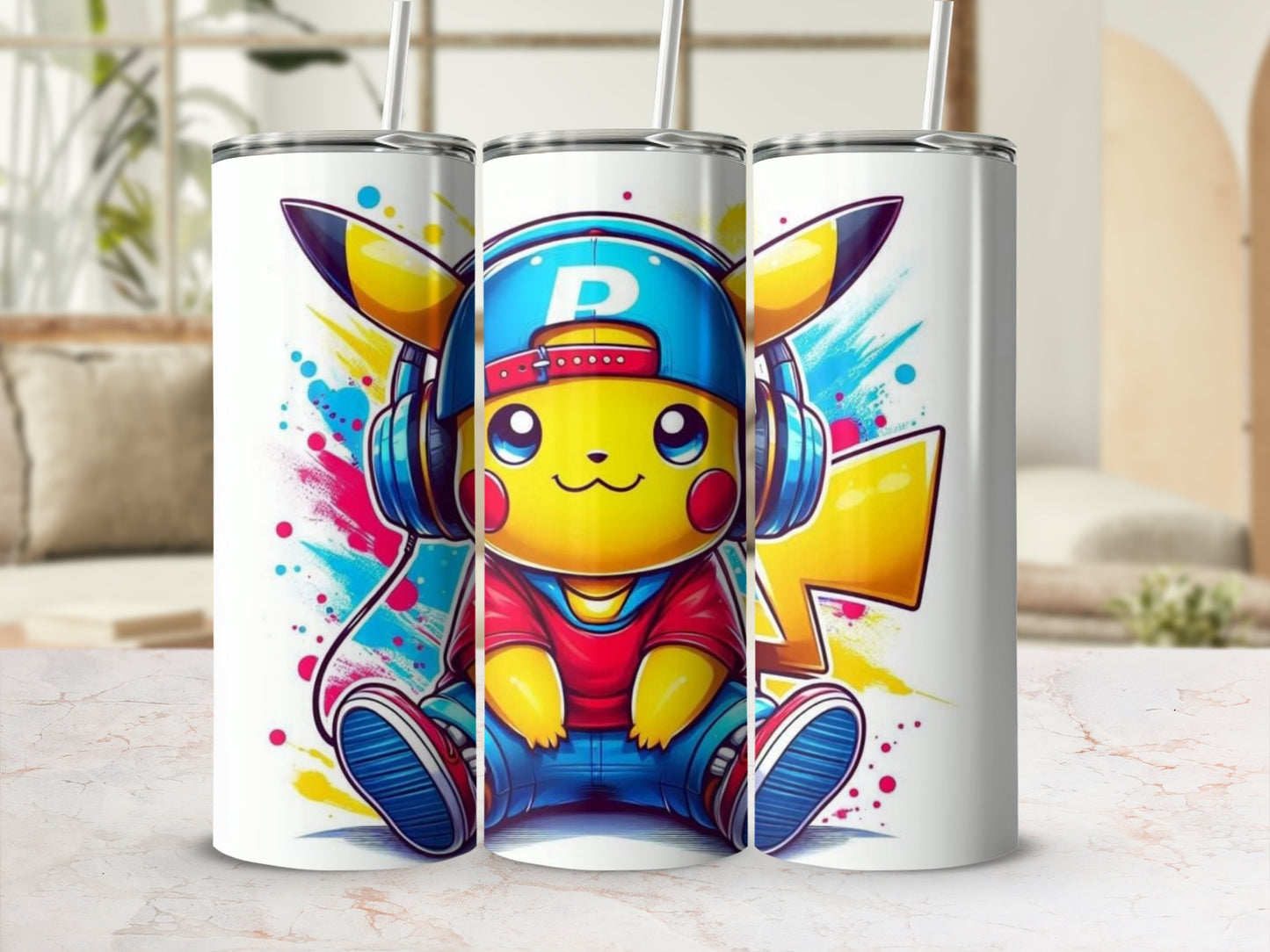 Cute Pikachu With Headphones Tumbler Cup