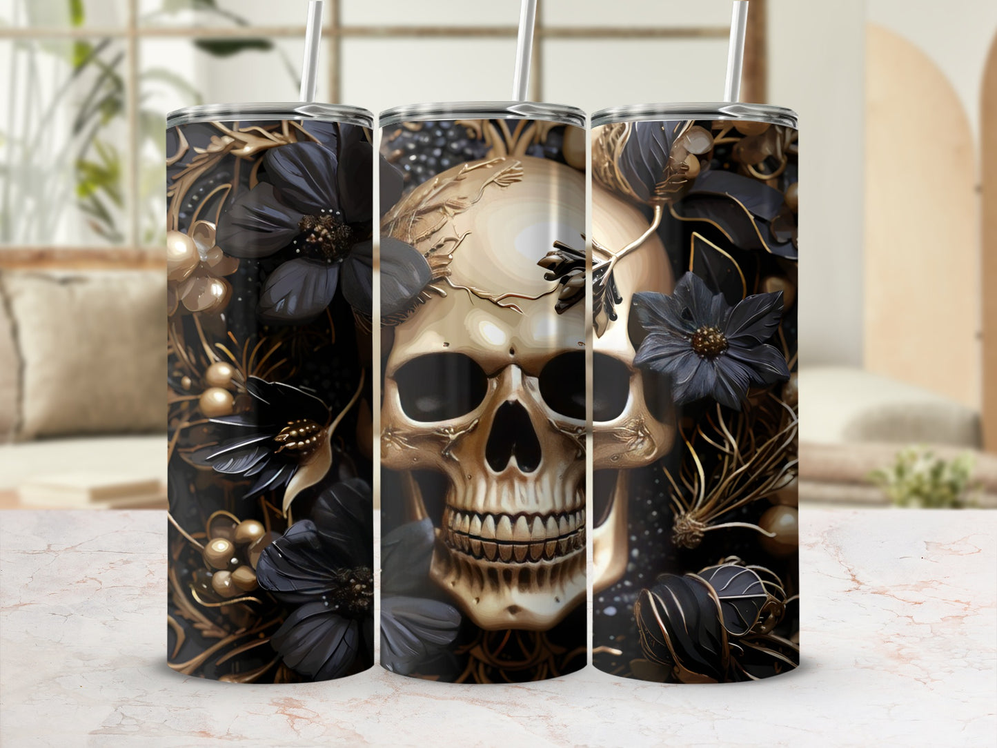 Gold skull and black floral pattern on a tumbler.