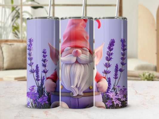 Purple tumbler with gnome and lavender flowers.