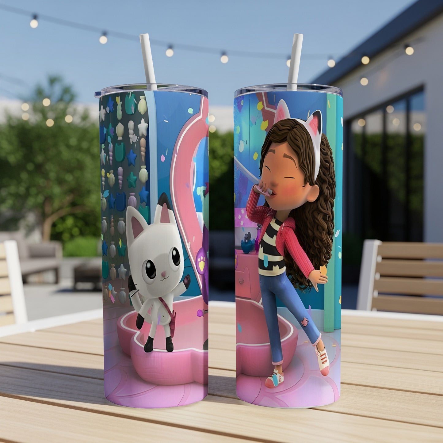Gabby's Dollhouse character and Pandy Paws on two decorative tumblers.