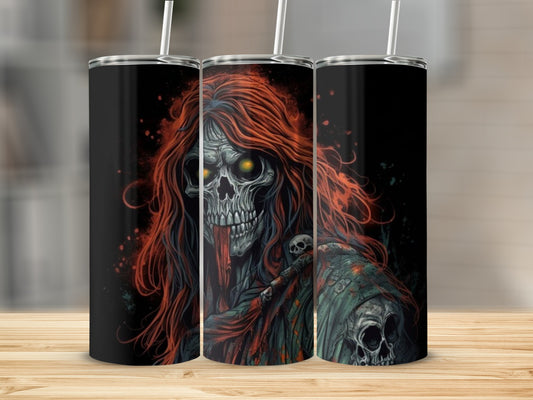 Tumbler with a spooky, detailed illustration of a zombie or grim reaper.