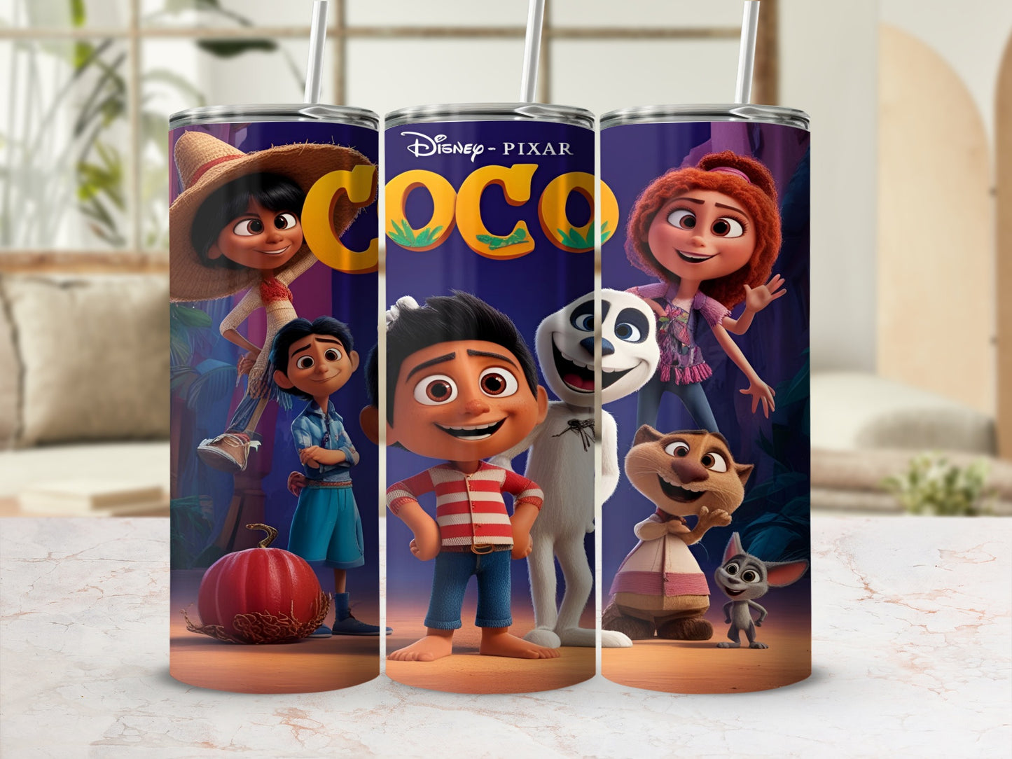 Disney Coco movie characters Miguel, Hector, Mamá Coco, and Dante on a tumbler.