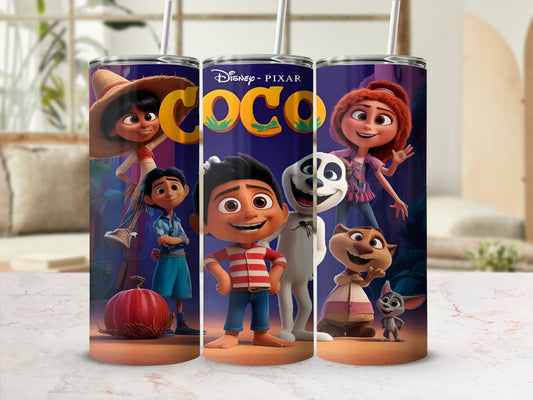 Disney Coco movie characters Miguel, Hector, Mamá Coco, and Dante on a tumbler.