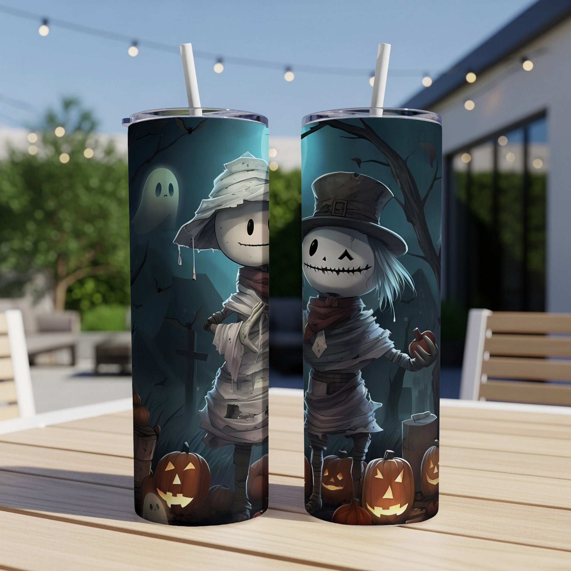 Two Halloween themed tumblers with ghost, pumpkin, and mummy designs.