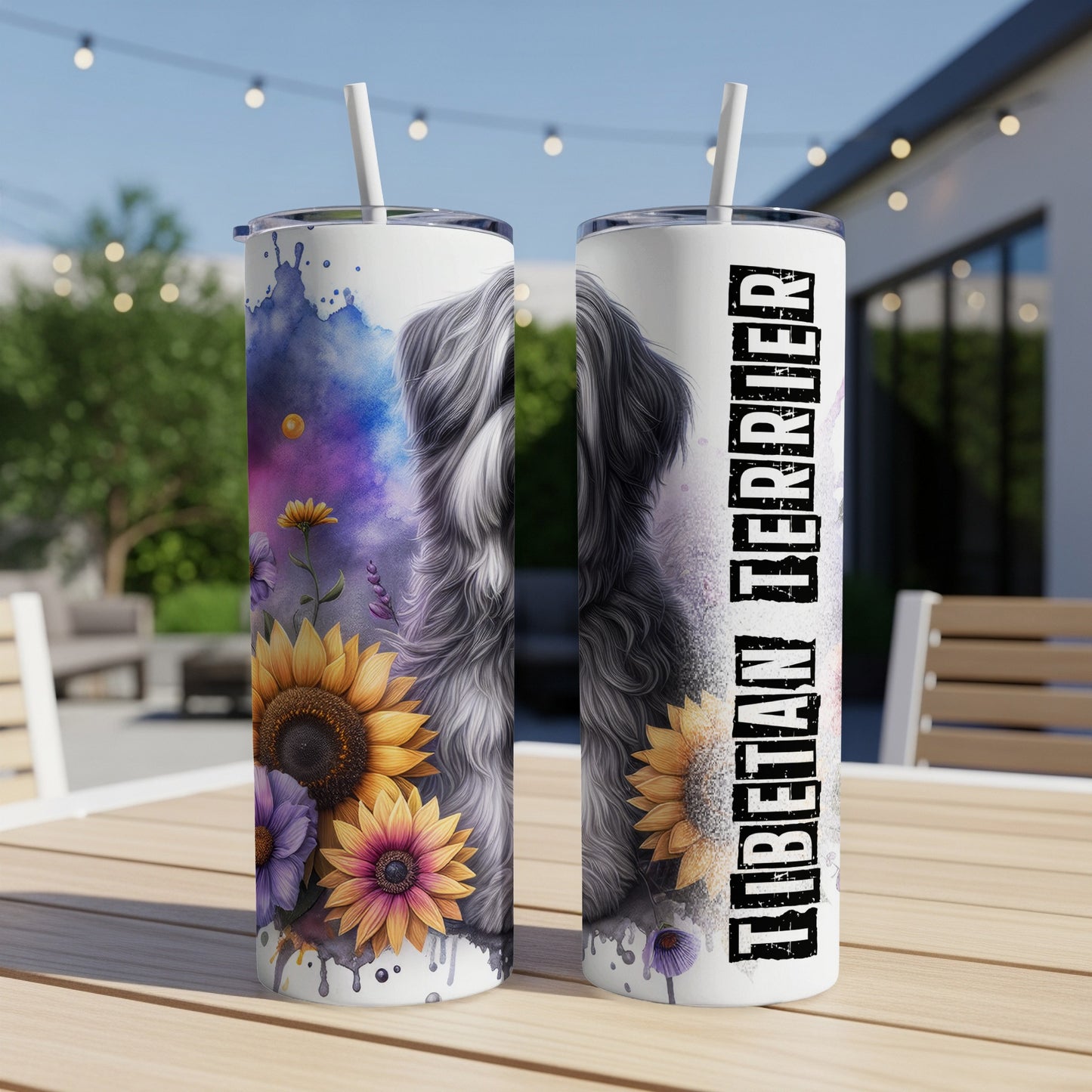 Two tumblers featuring a shaggy dog and sunflowers with "TIBETAN TERRIER" text.