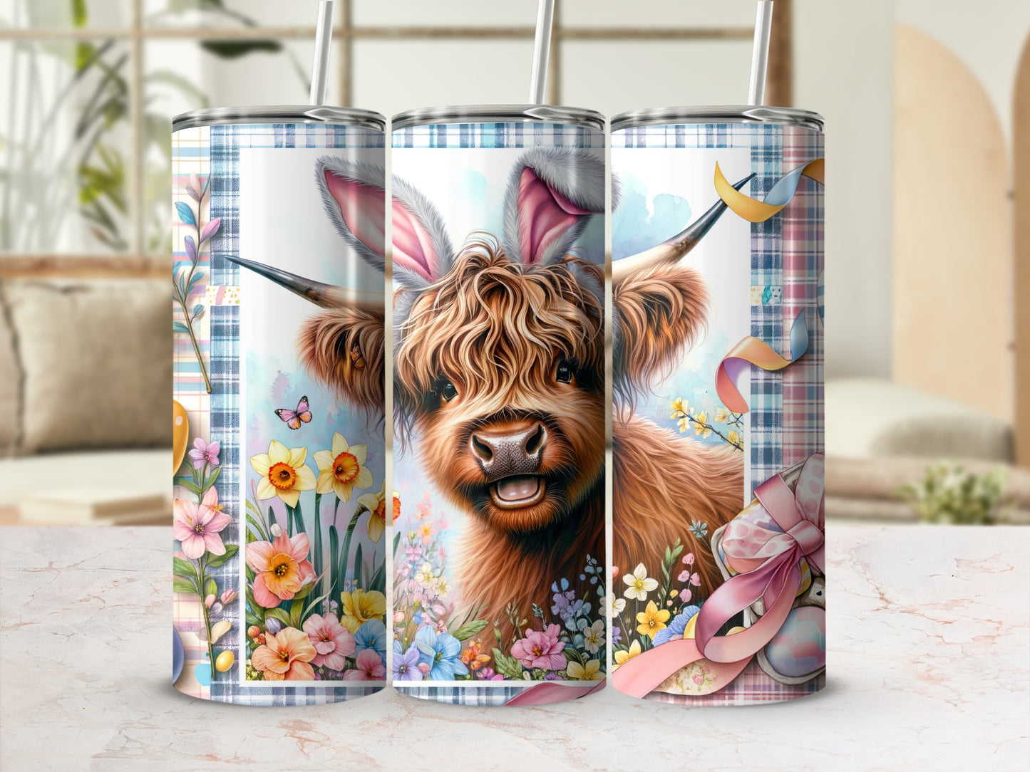 Highland cow with bunny ears and Easter eggs, surrounded by flowers.