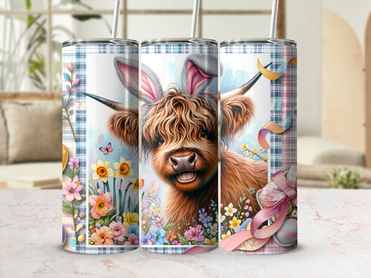 Highland cow with bunny ears and Easter eggs, surrounded by flowers.
