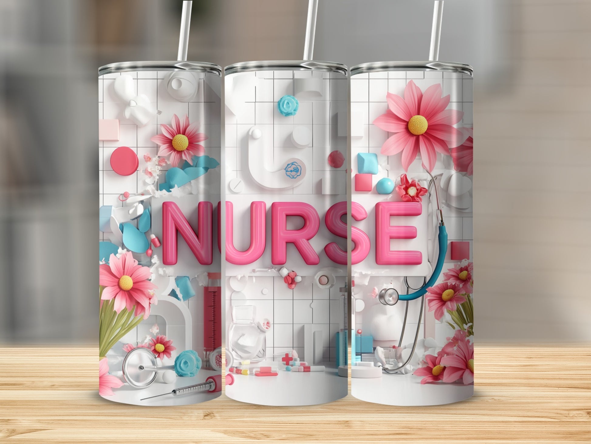 Three tumblers with pink flowers, medical icons, and the word "NURSE" in raised pink letters.