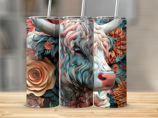 Three tumblers featuring a colorful, floral-inspired bull portrait.