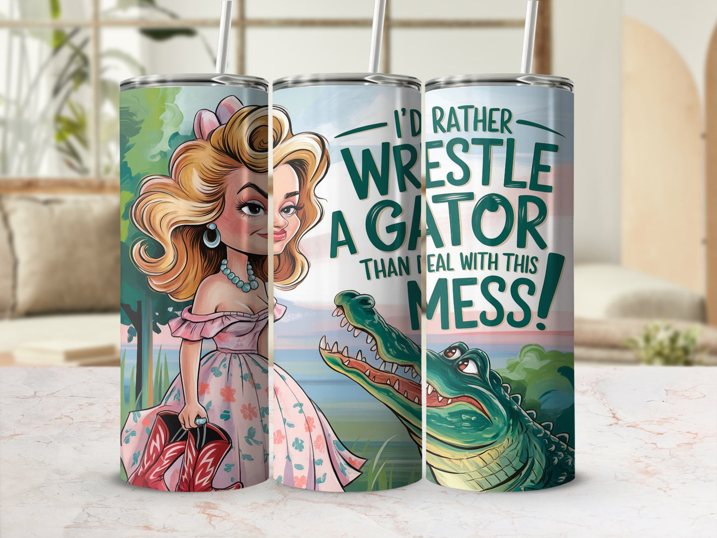 Tumbler with blonde woman in pink dress holding boots and alligator.