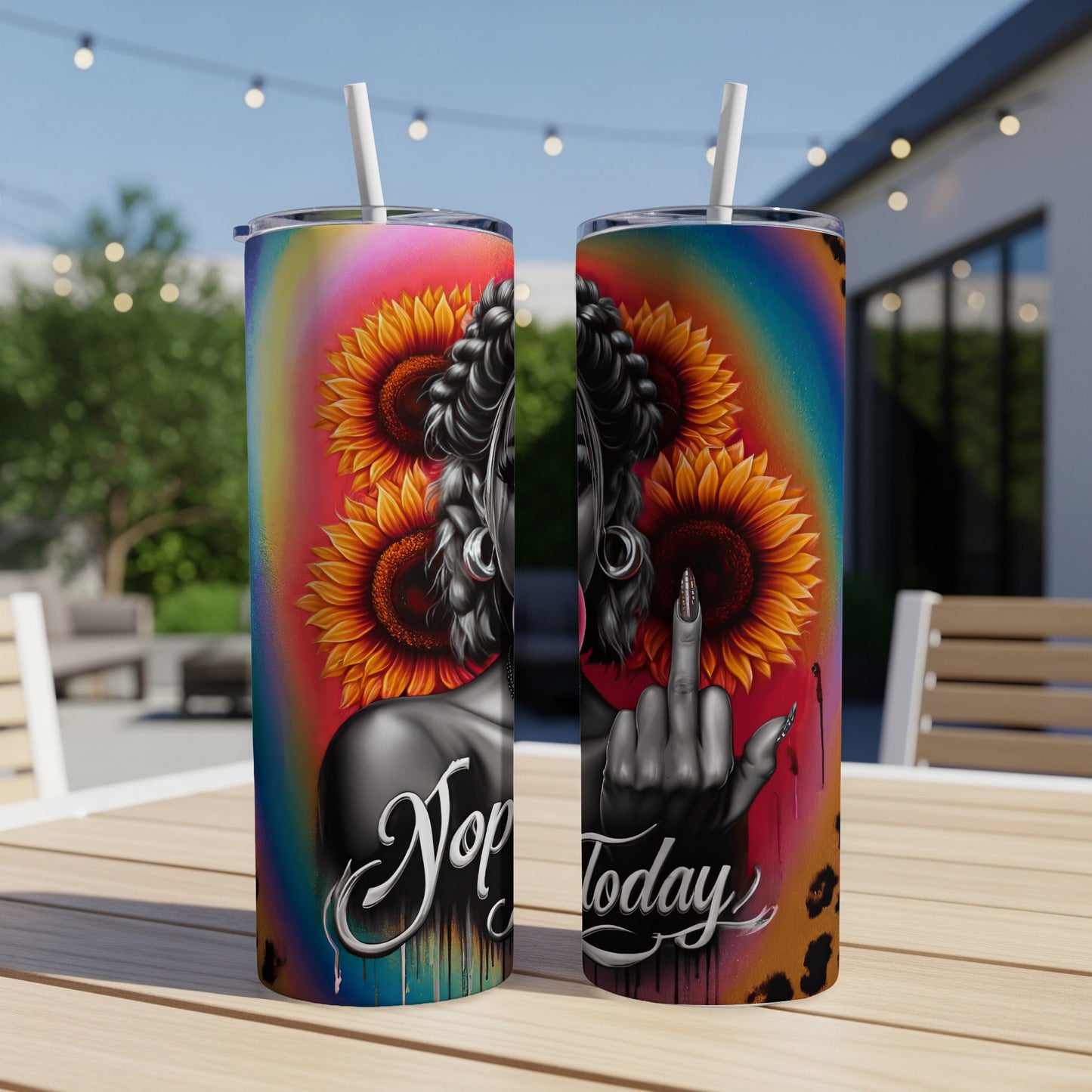 Two tumblers featuring sunflowers, a woman's face, and the text "Nope Today."