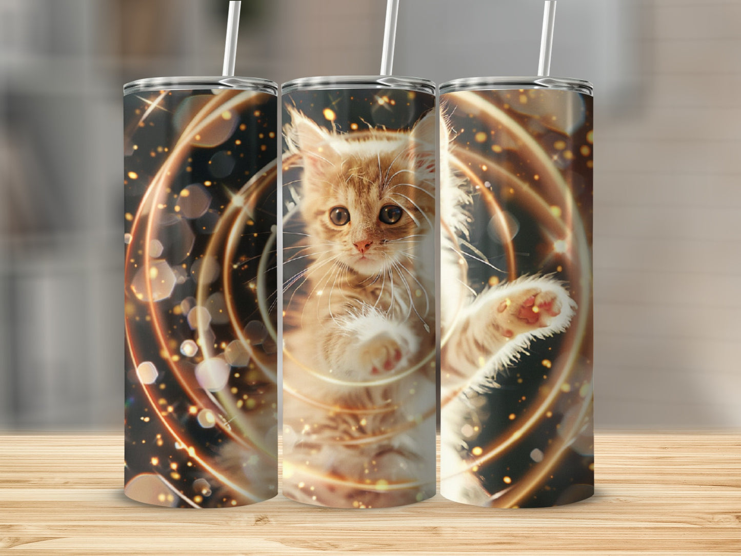 Three tumblers featuring a ginger kitten with swirling golden light effects.