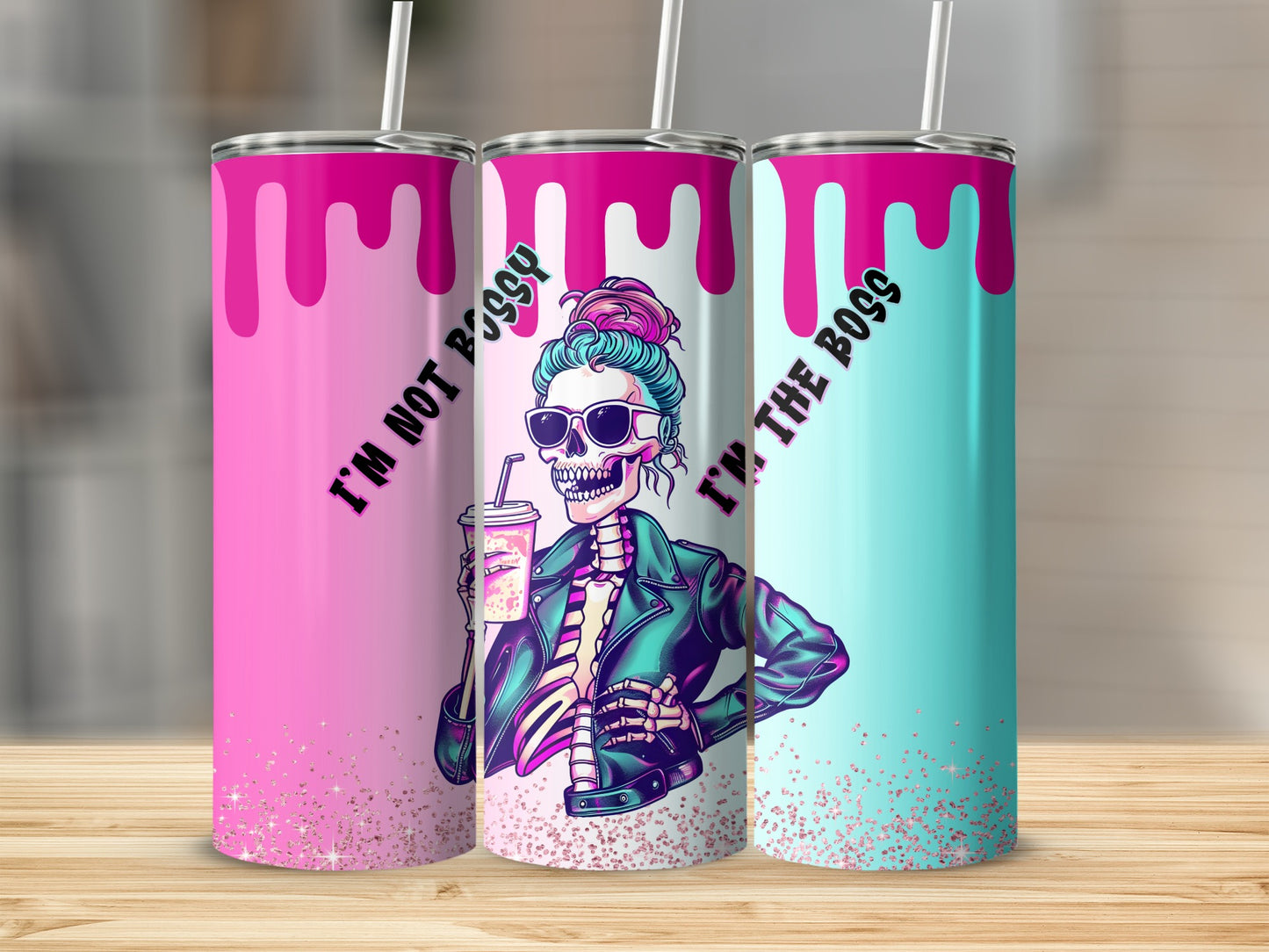 Skeleton woman in sunglasses holding a drink, with "I'm Not Bossy" text.