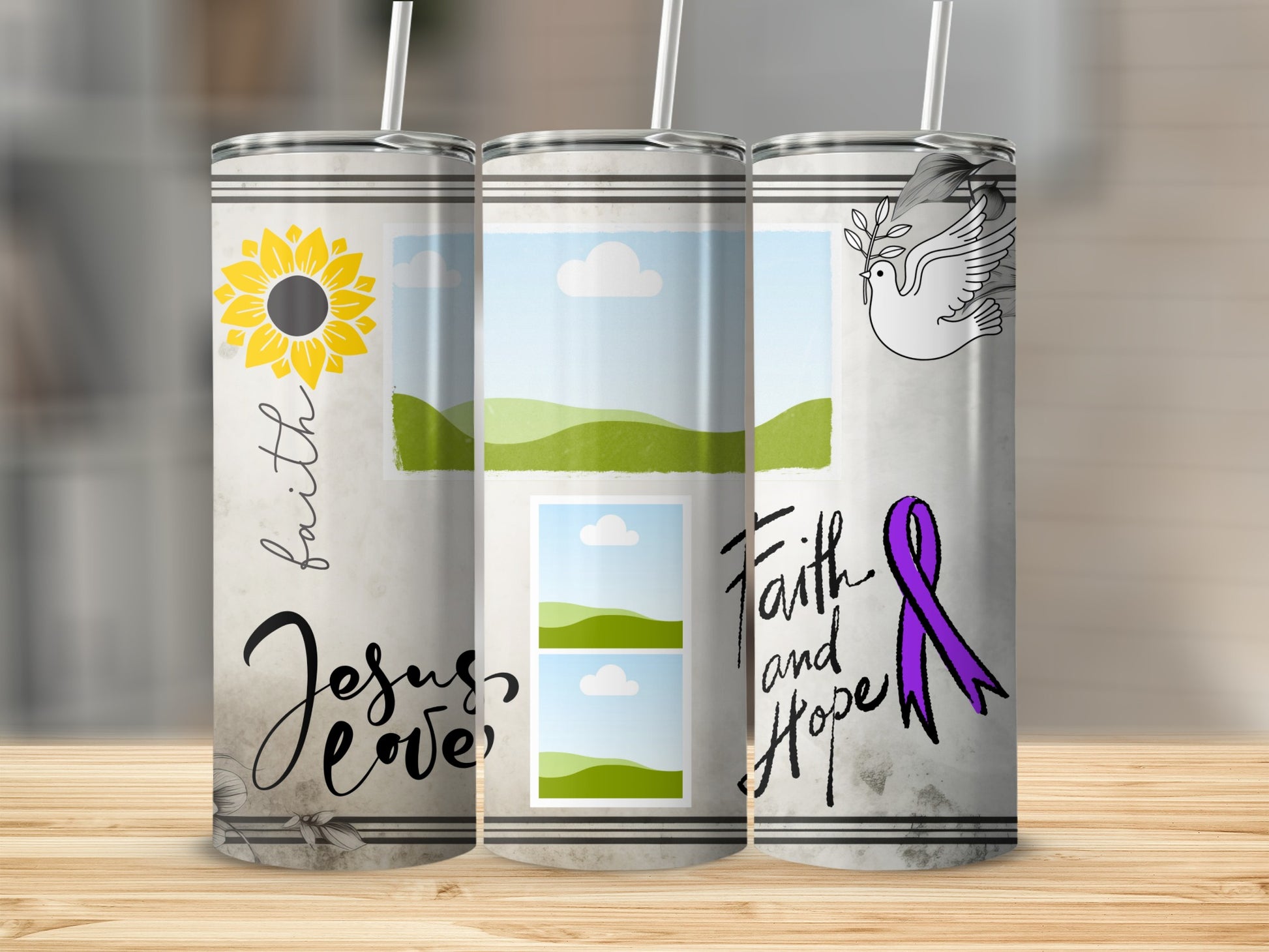 Three tumblers with floral, dove, and religious designs.