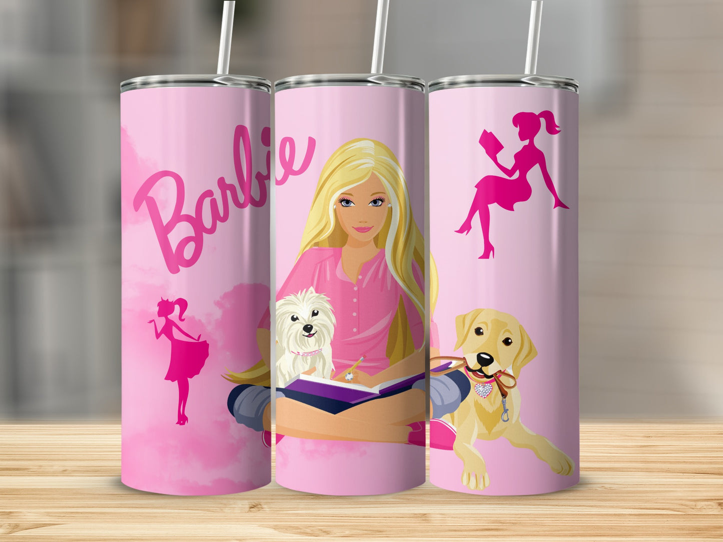 Pink Barbie Tumbler with Dogs and Book Slim Tumbler
