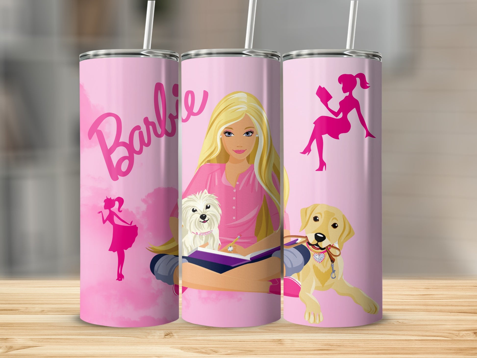 Pink Barbie Tumbler with Dogs and Book Slim Tumbler