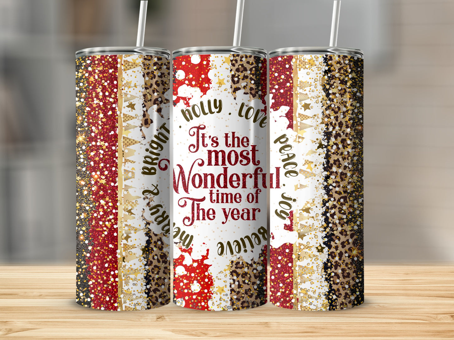 Christmas tumbler with glitter, leopard print, and text "It's the most wonderful time of the year".