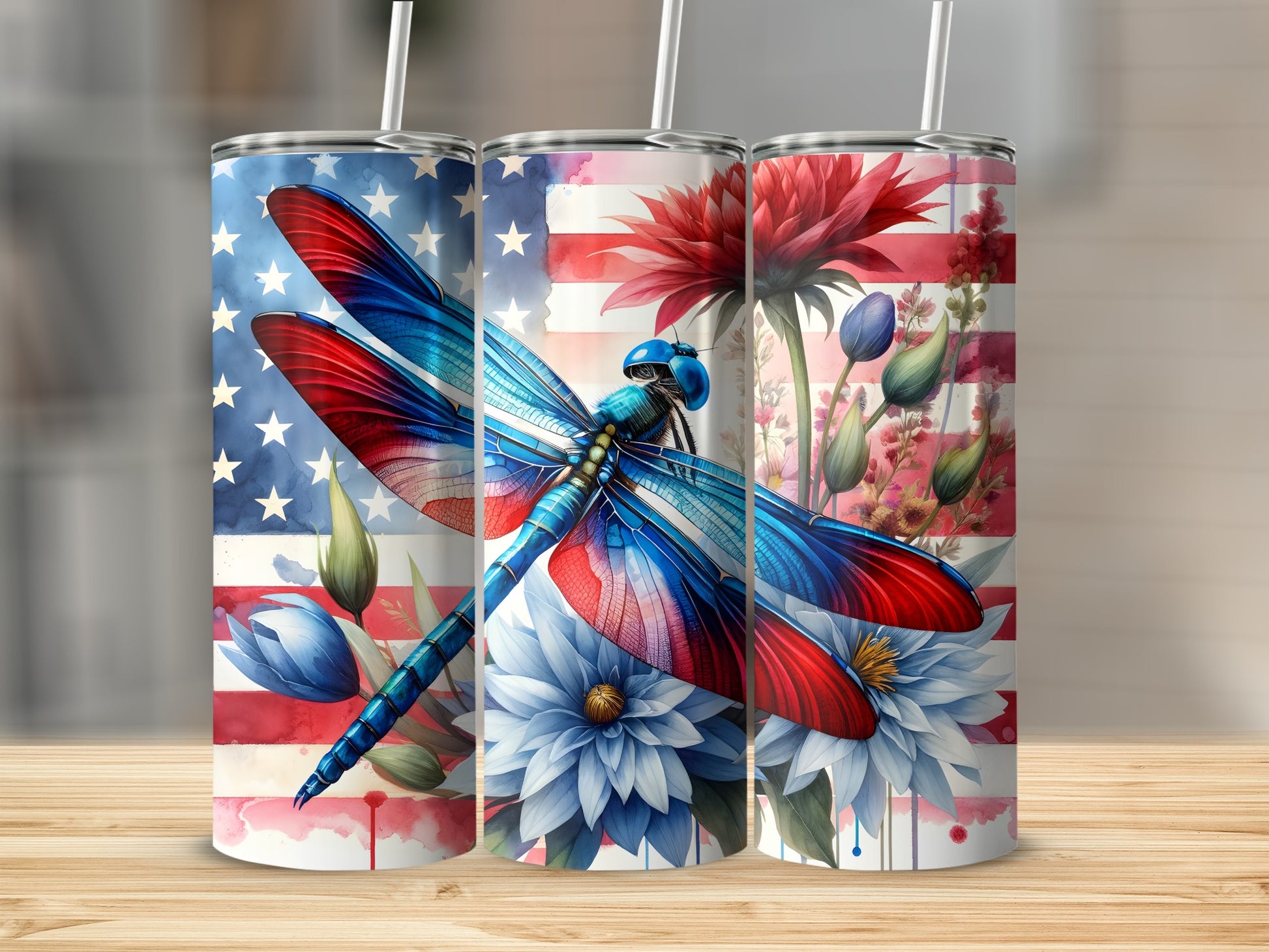 Patriotic tumbler with dragonfly and floral American flag design.