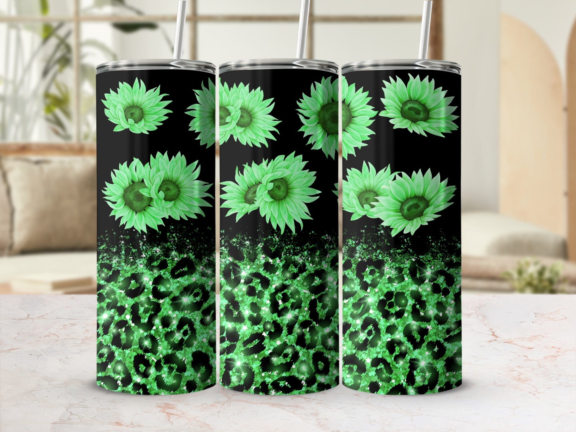 Green sunflowers and leopard print pattern on black skinny tumbler.