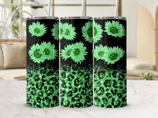 Green sunflowers and leopard print pattern on black skinny tumbler.