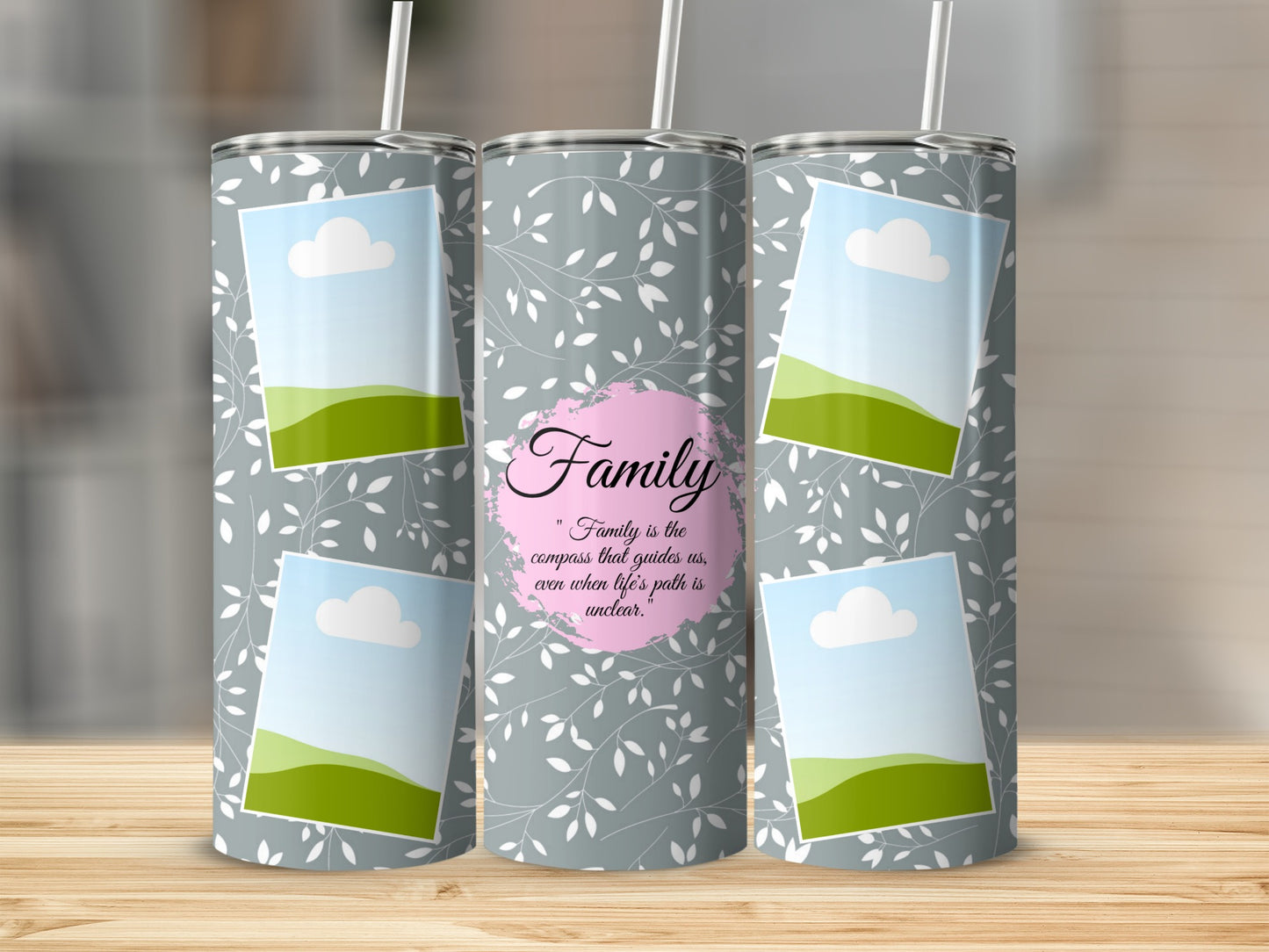 Gray tumbler with white leaf pattern, photo frames, and "Family" quote.