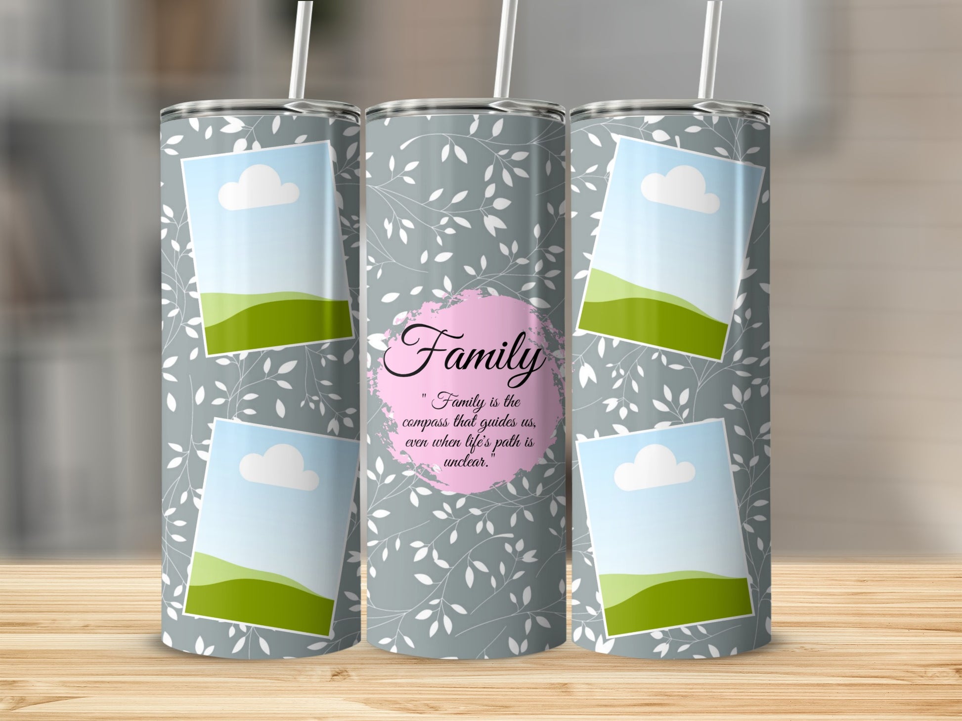 Gray tumbler with white leaf pattern, photo frames, and "Family" quote.