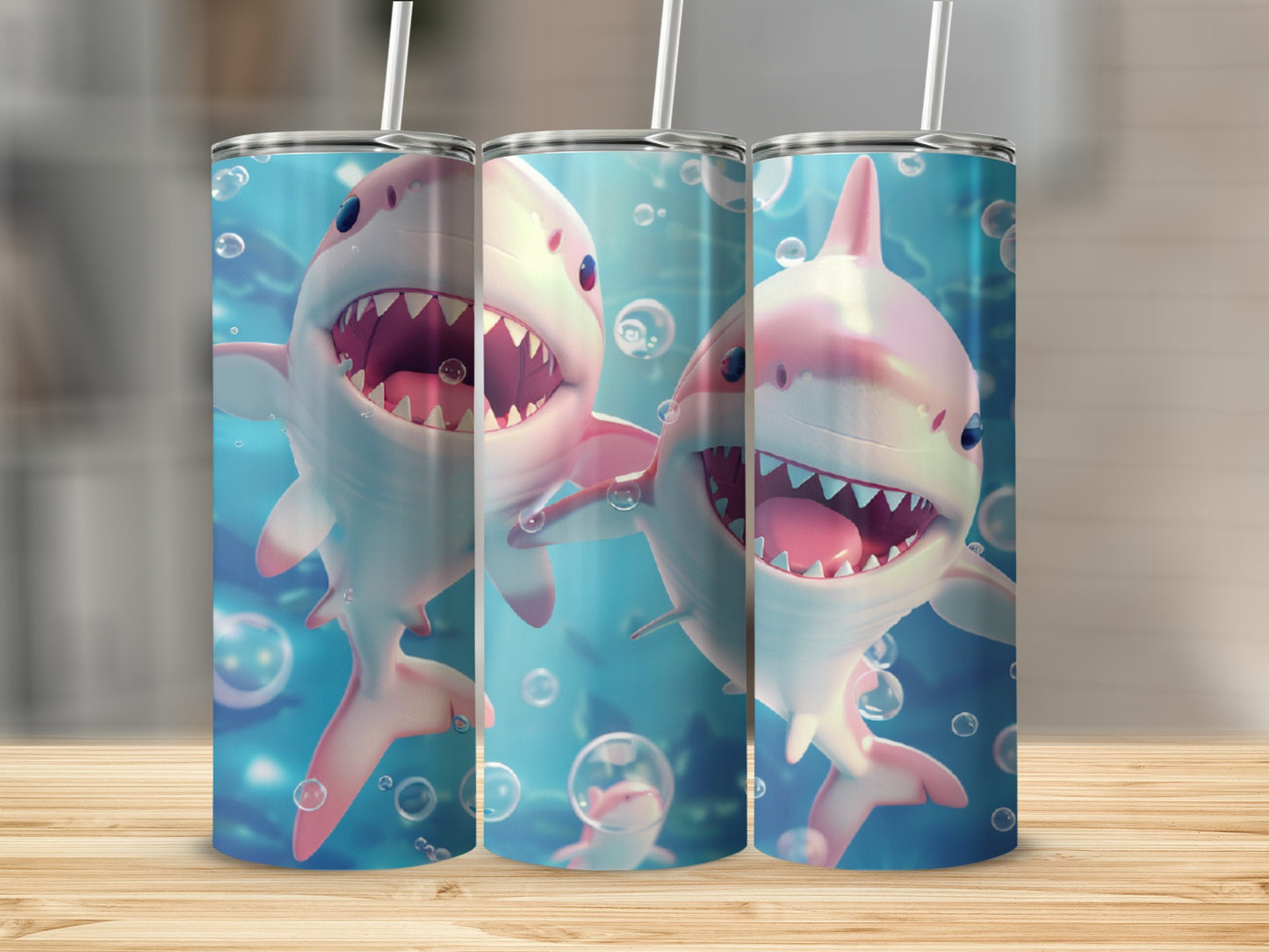 Three cartoon sharks with open mouths and bubbles underwater.