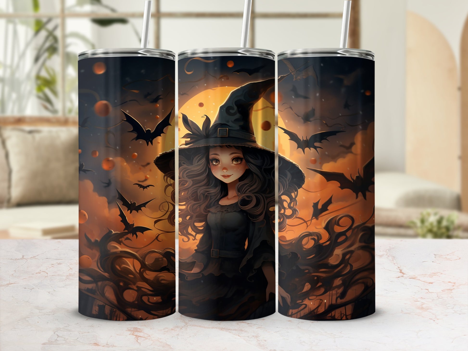 Spooky Witch and Bats Halloween Themed Tumbler