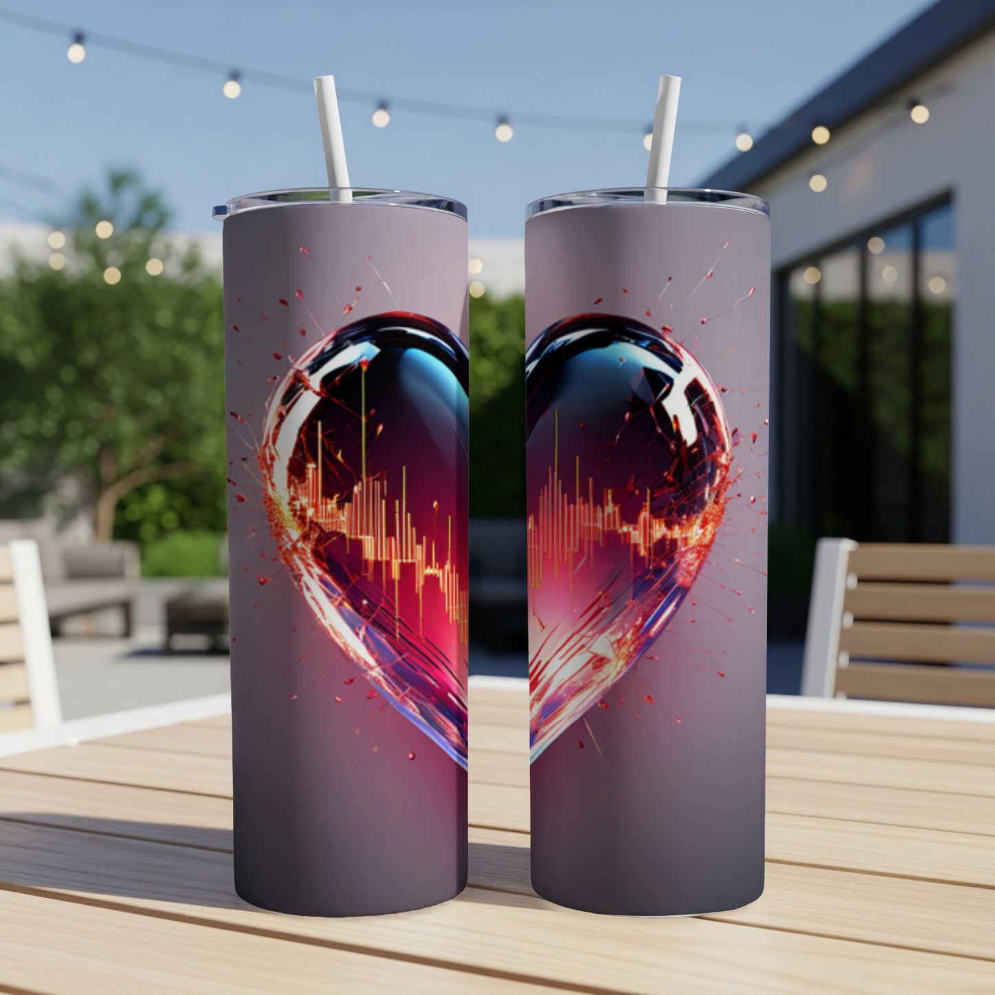Two tumblers with a heart graphic featuring sound waves and glowing lights.