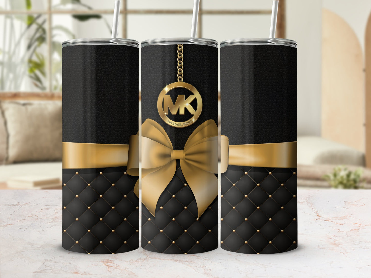 Stylish Black and Gold Quilted Tumbler with Bow Design