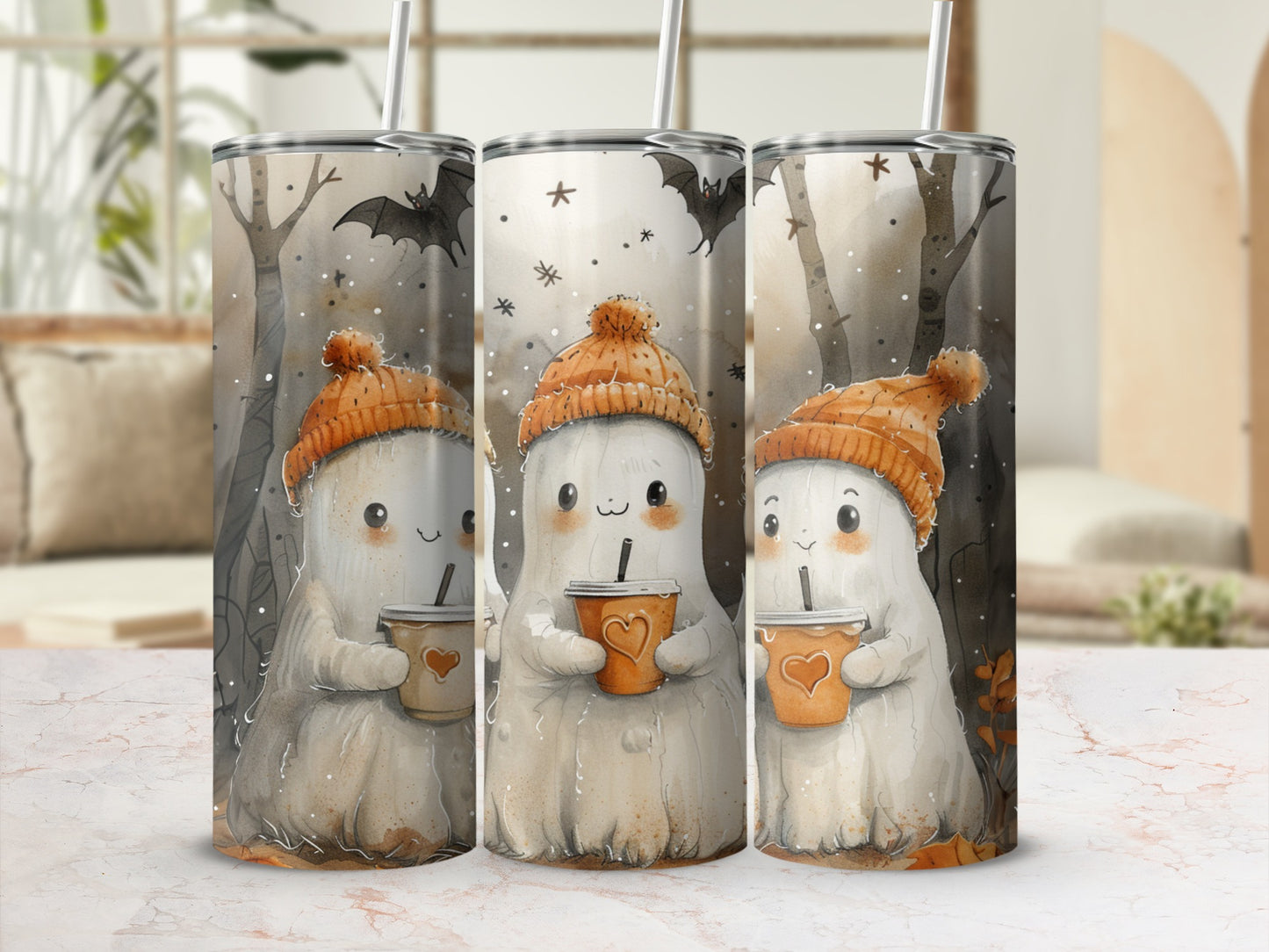 Three tumblers with watercolor ghosts wearing orange hats and holding coffee cups.