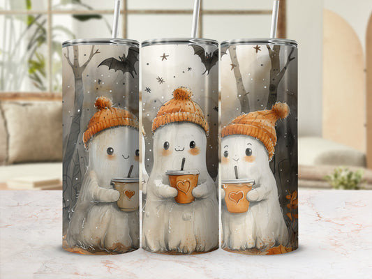 Three tumblers with watercolor ghosts wearing orange hats and holding coffee cups.