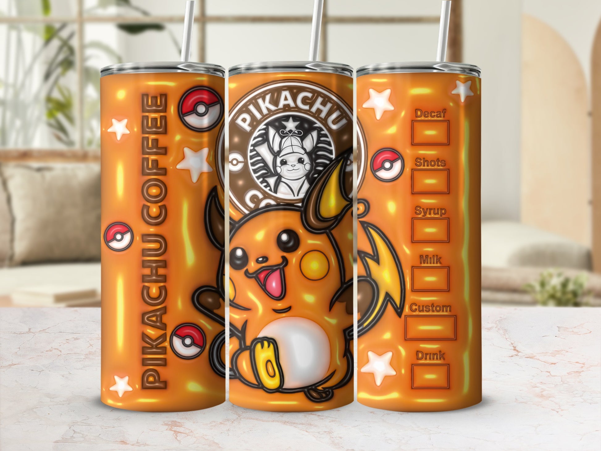 Cute Pikachu Coffee Design Insulated Stainless Steel Tumbler