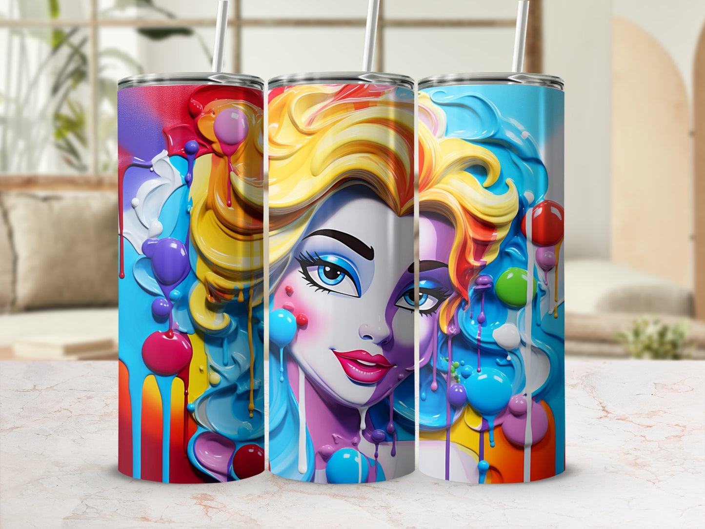 Colorful Woman Face Art Dripping Paint Tumbler