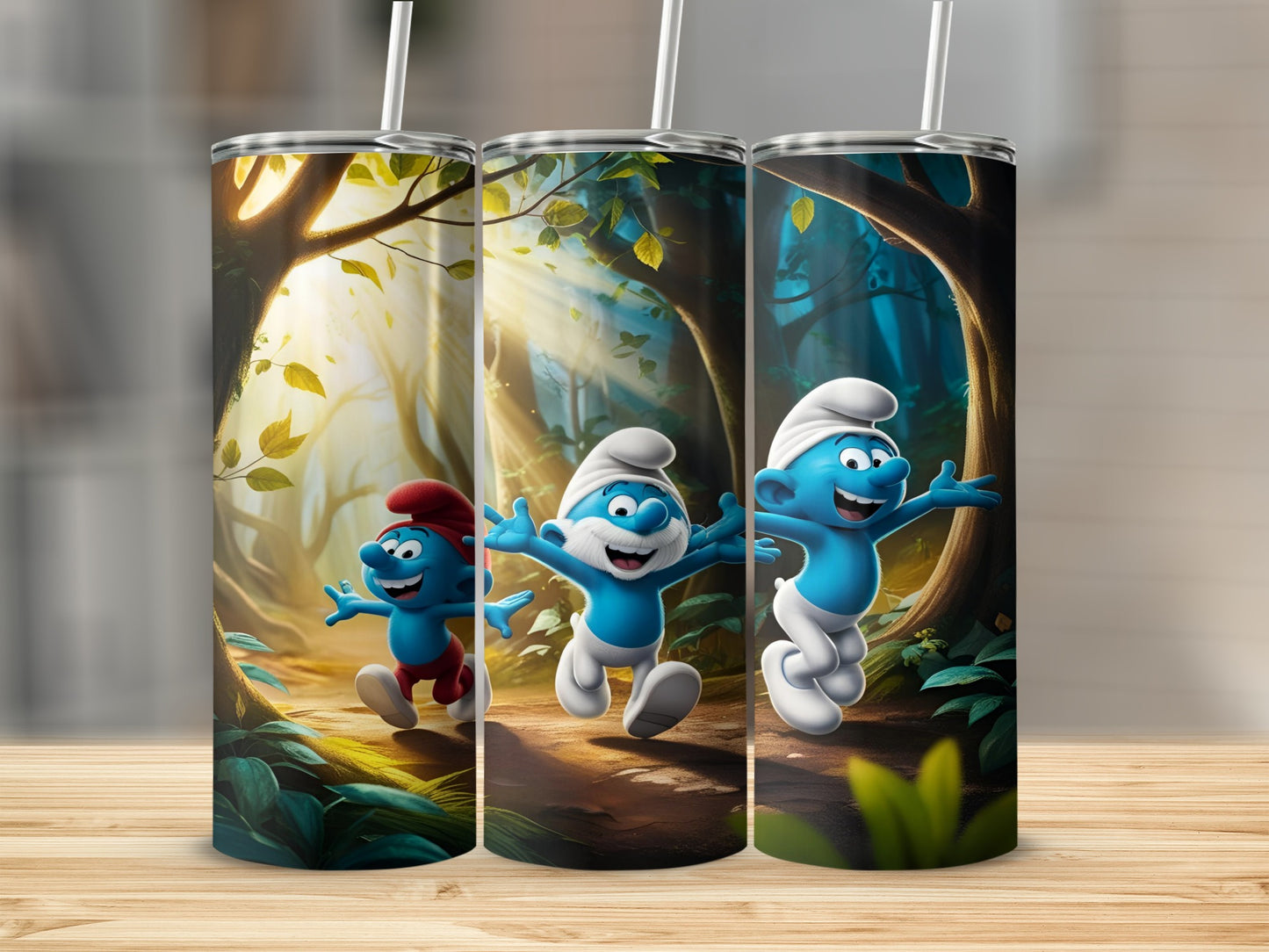 Three Smurfs running through a sunlit forest path.