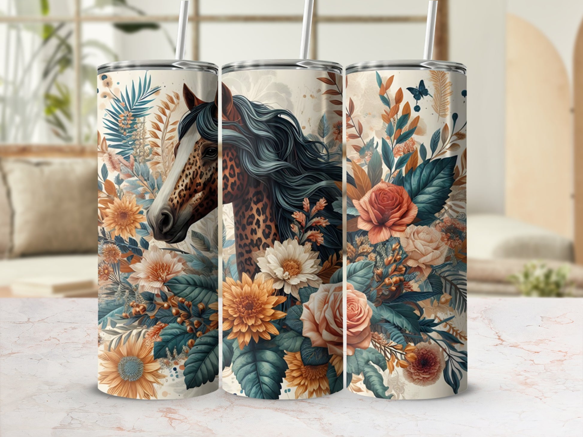 Three tumblers feature a horse and floral design with leaves and butterflies.