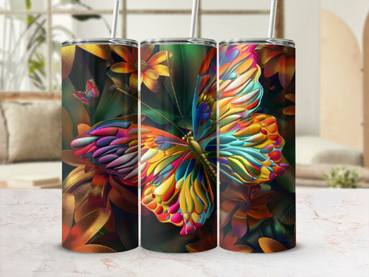 Colorful butterfly pattern on a sleek tumbler with straw.
