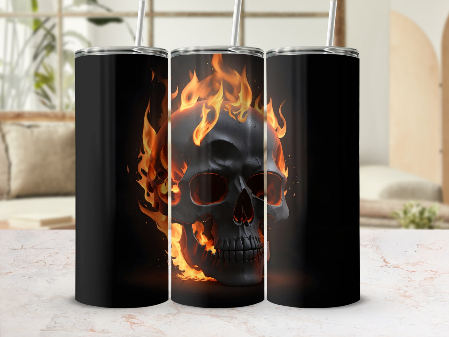 Black tumbler with a flaming skull design.