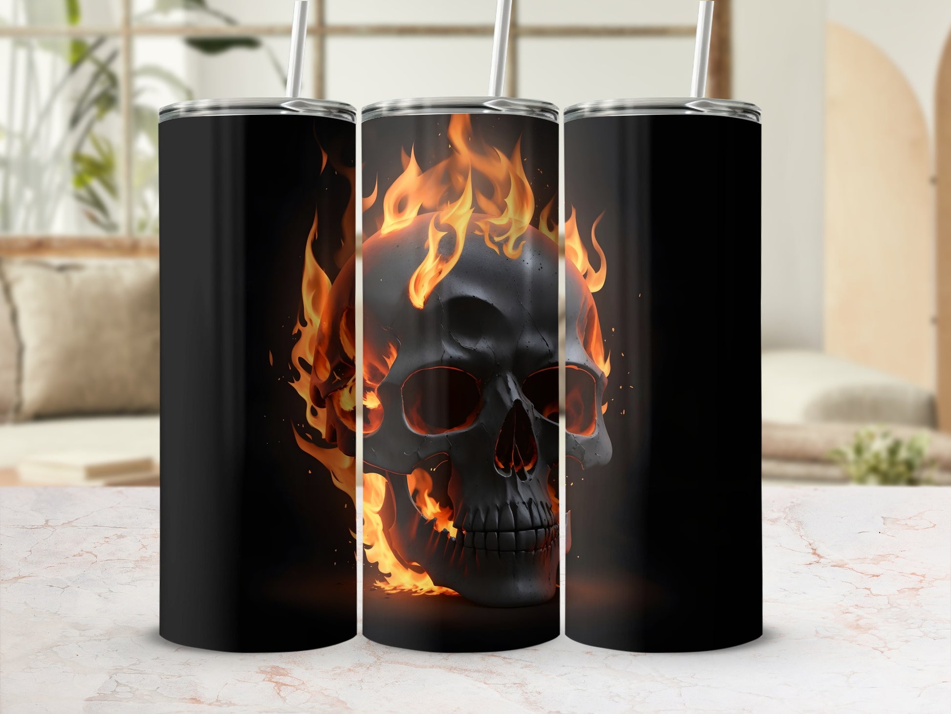 Black tumbler with a flaming skull design.
