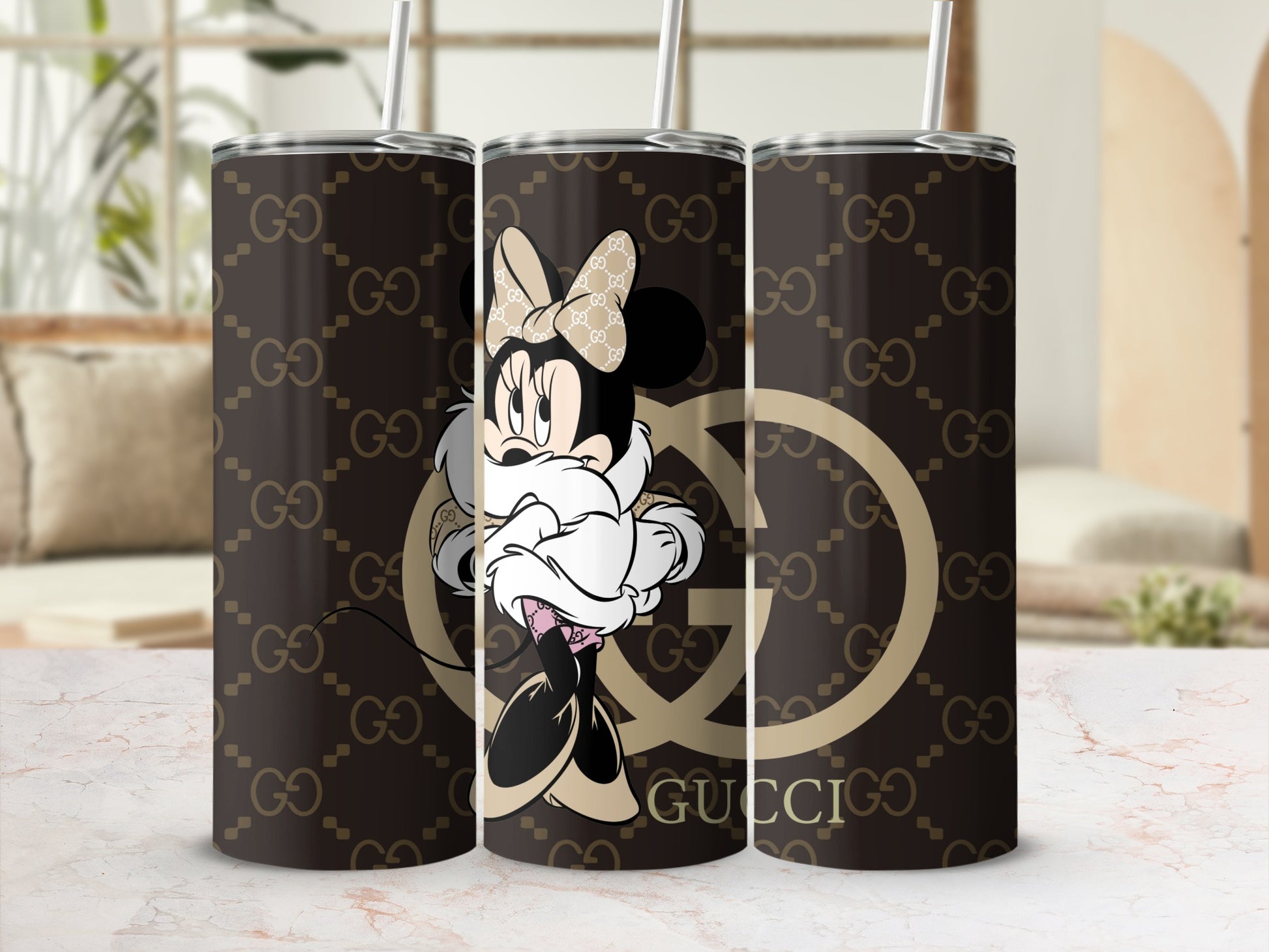 Luxury Inspired Minnie Design Black Tumbler with Straw