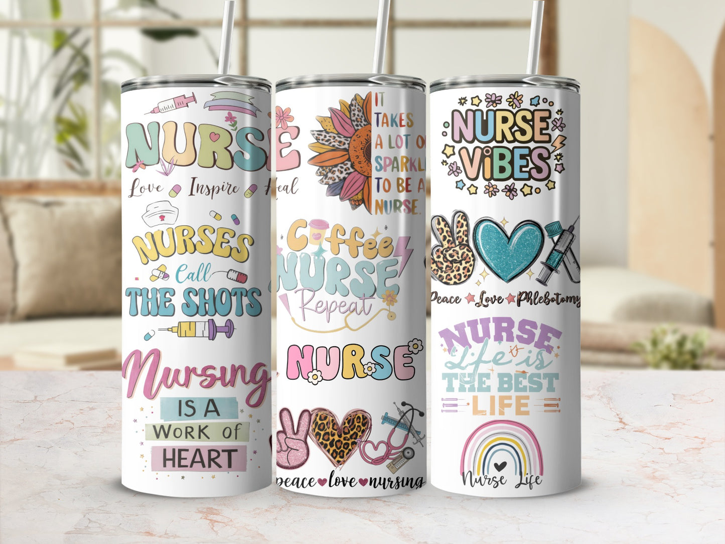 Three nurse-themed tumblers with colorful designs and inspirational text.