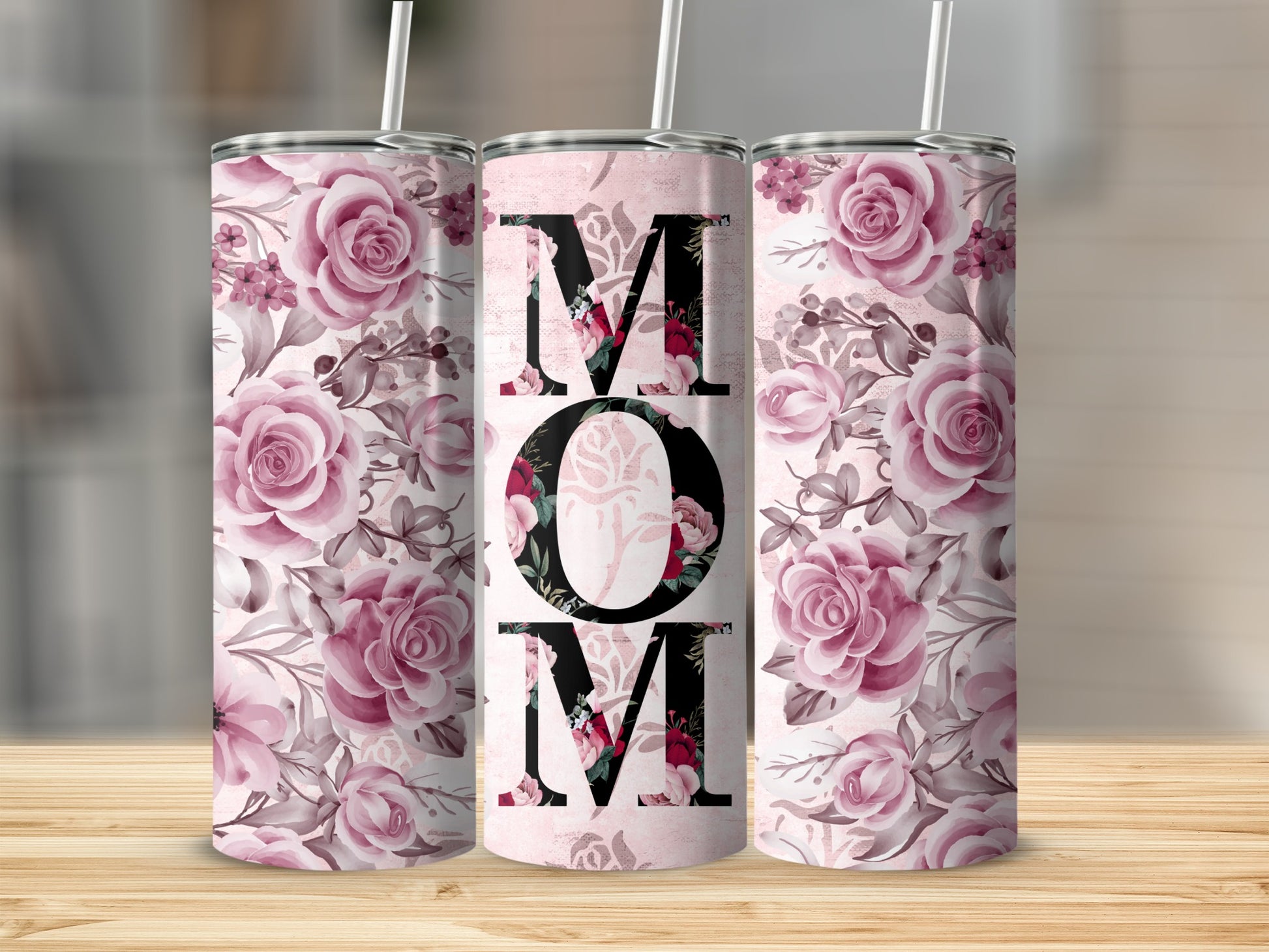 Pink Floral MOM Design Tumbler With Straw