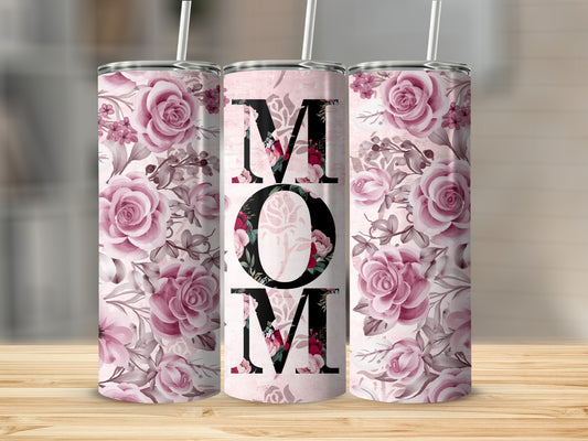 Pink Floral MOM Design Tumbler With Straw