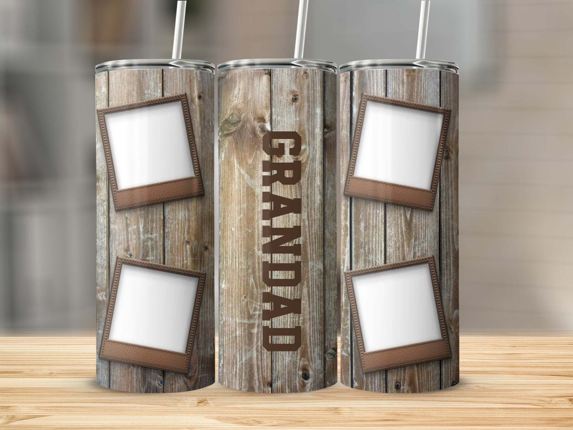 Tumbler with wood grain, photo frames, and "GRANDAD" text.