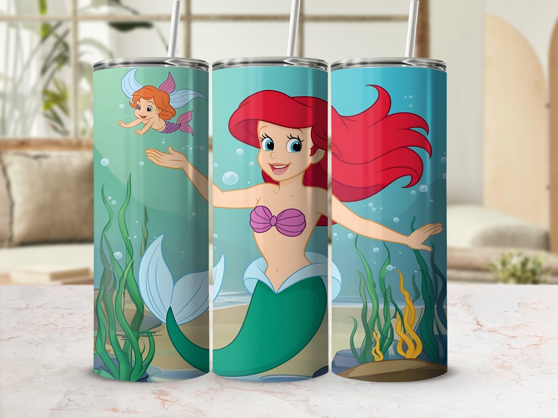 Ariel the mermaid, smiling and reaching out, with a friend swimming in the background.